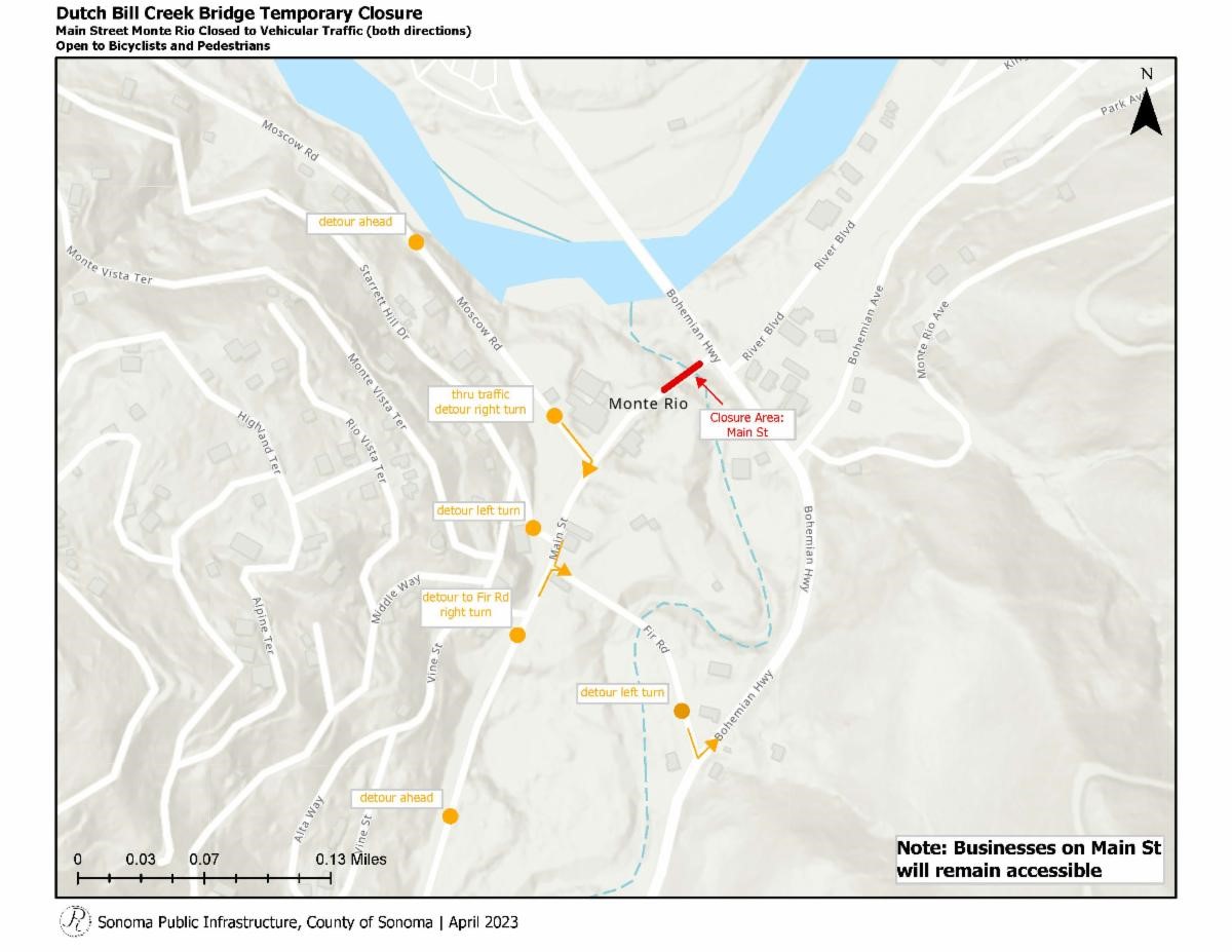 Map of detour for Dutch Bill Creek temporary closure